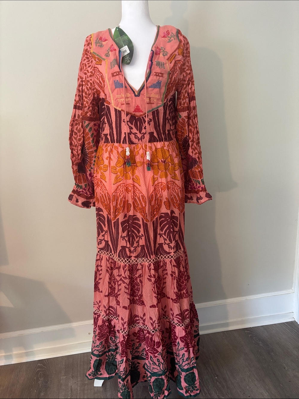 FARM Rio Coral Pink Floral-Print Embroidered Maxi Dress